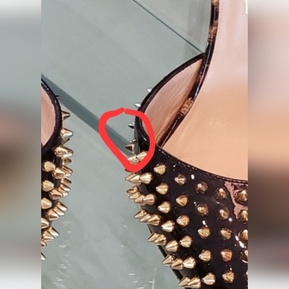EUC-Christian Louboutin gold spike leopard patent leather open back, strap pumps - Picture 8 of 9